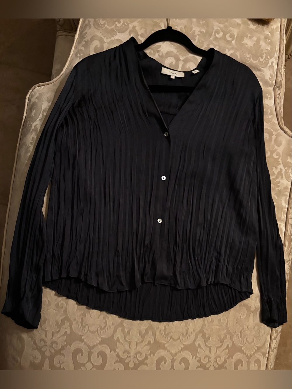 Pleated V-Neck Long-Sleeve Top - dark blue gray